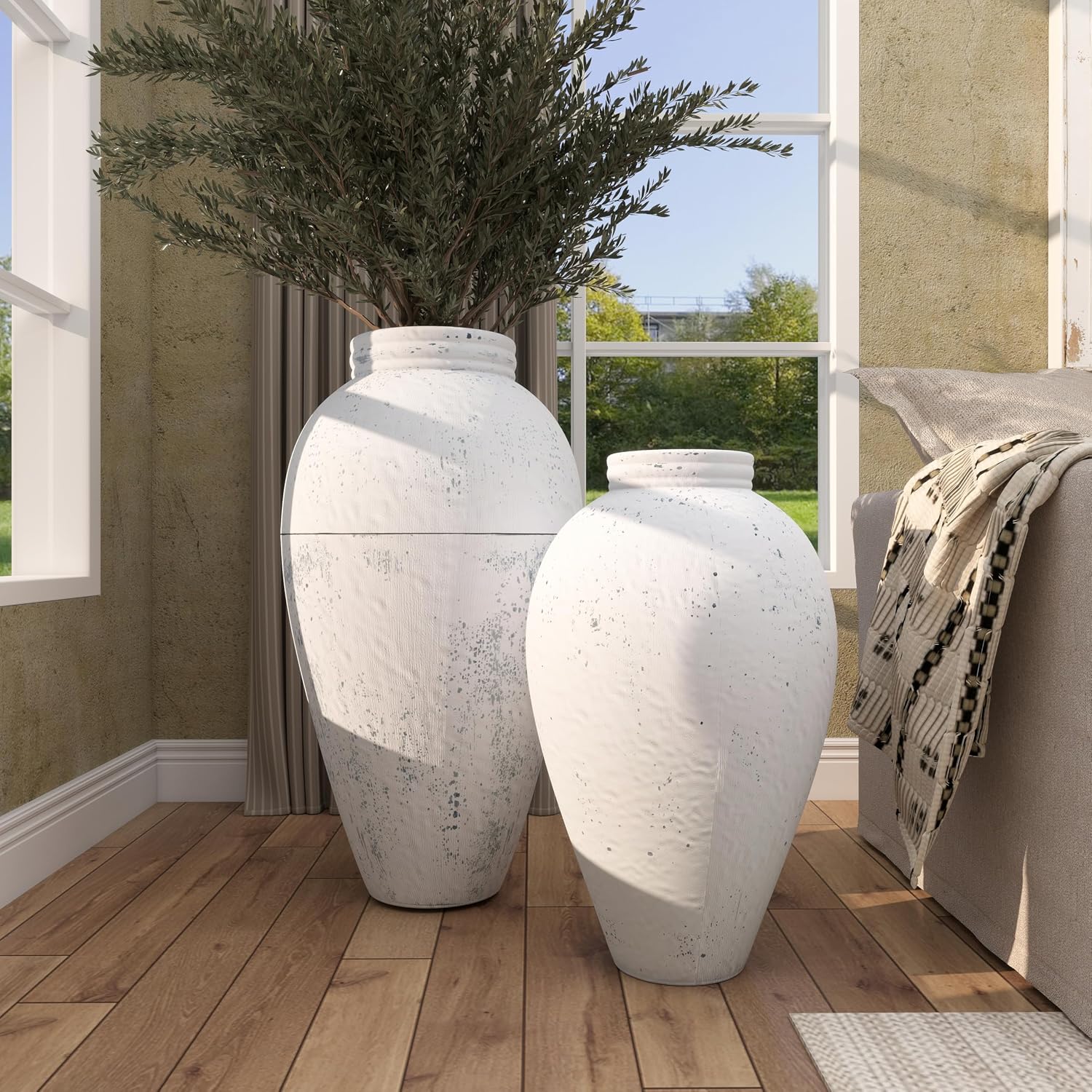 Deco 79 Metal Decorative Vase Tall Distressed Pot Floor Centerpiece Vases, Set of 2 Flower Vases for Home Decoration 31', 24' H, White
