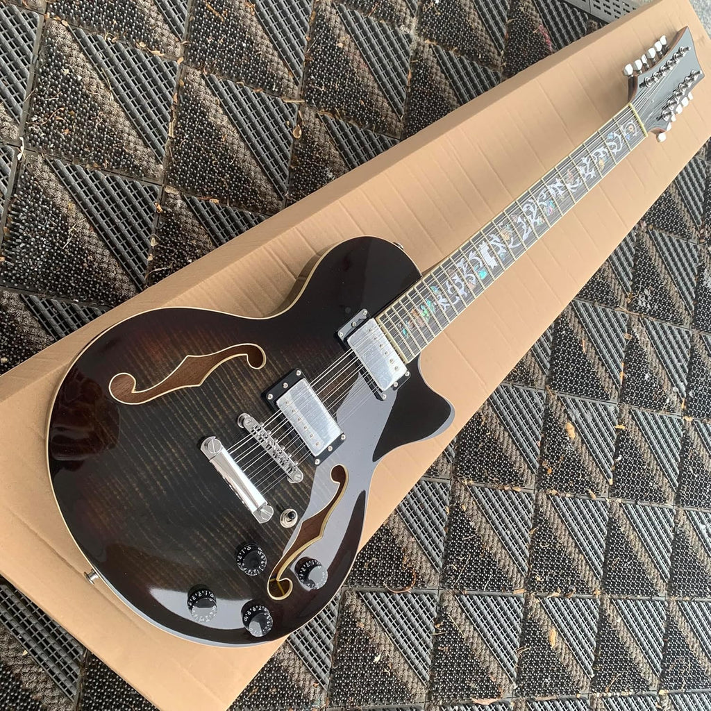 12-String Semi-Hollow Body Electric Guitar, Black Flame Maple Top with Chrome Hardware