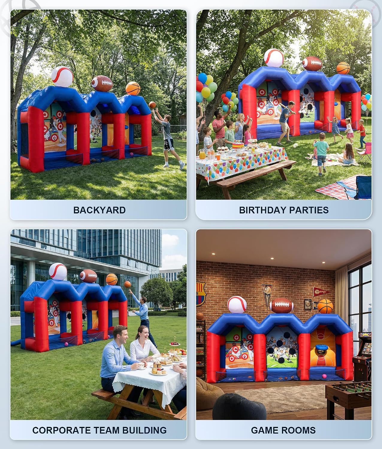 Inflatable Carnival Games with 12 Balls - Baseball, Football & Basketball Toss Throwing Target with 750W Blower, Easy Setup for Indoor/Outdoor Commercial, Birthday Parties, and Lawn Interactive Game