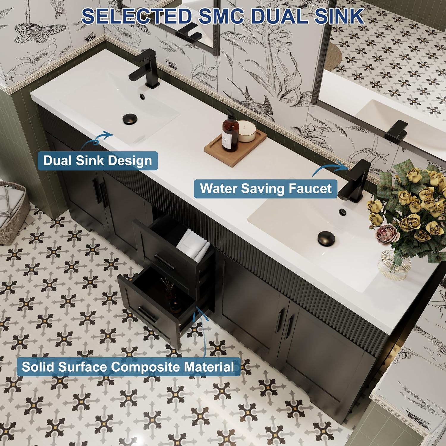 eclife 72' Bathroom Vanities Sink Combo with Painted Surface, Modern Drawered Cabinet W/Decorative Wave Lines, Undermount Double White Sink, Matte Black Faucet Drain, Black