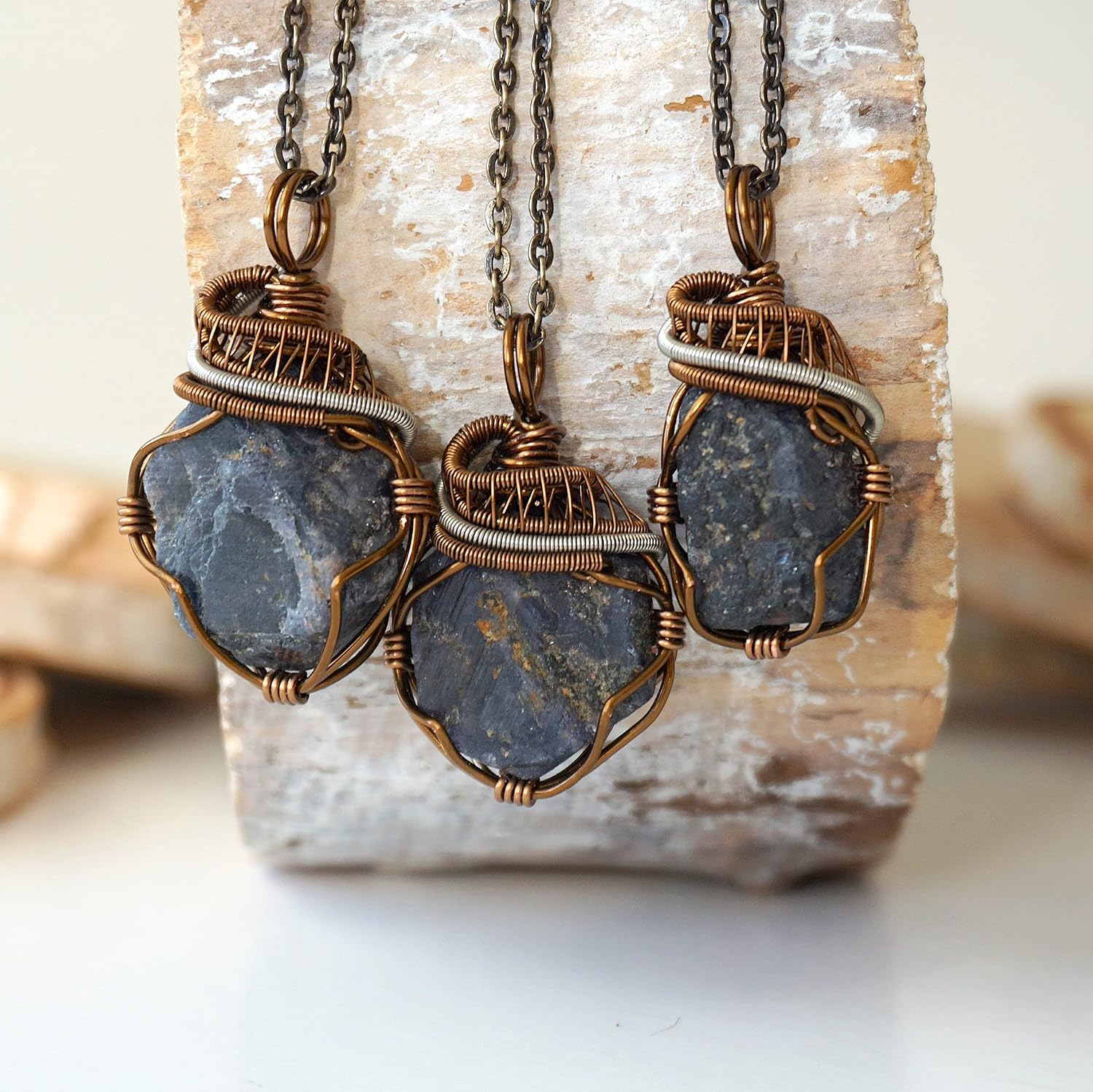 Designs by Nature Gems Handcrafted Raw Gemstone Necklace, Mixed Wire Pendant in Antique Bronze with 24 Inch Chain