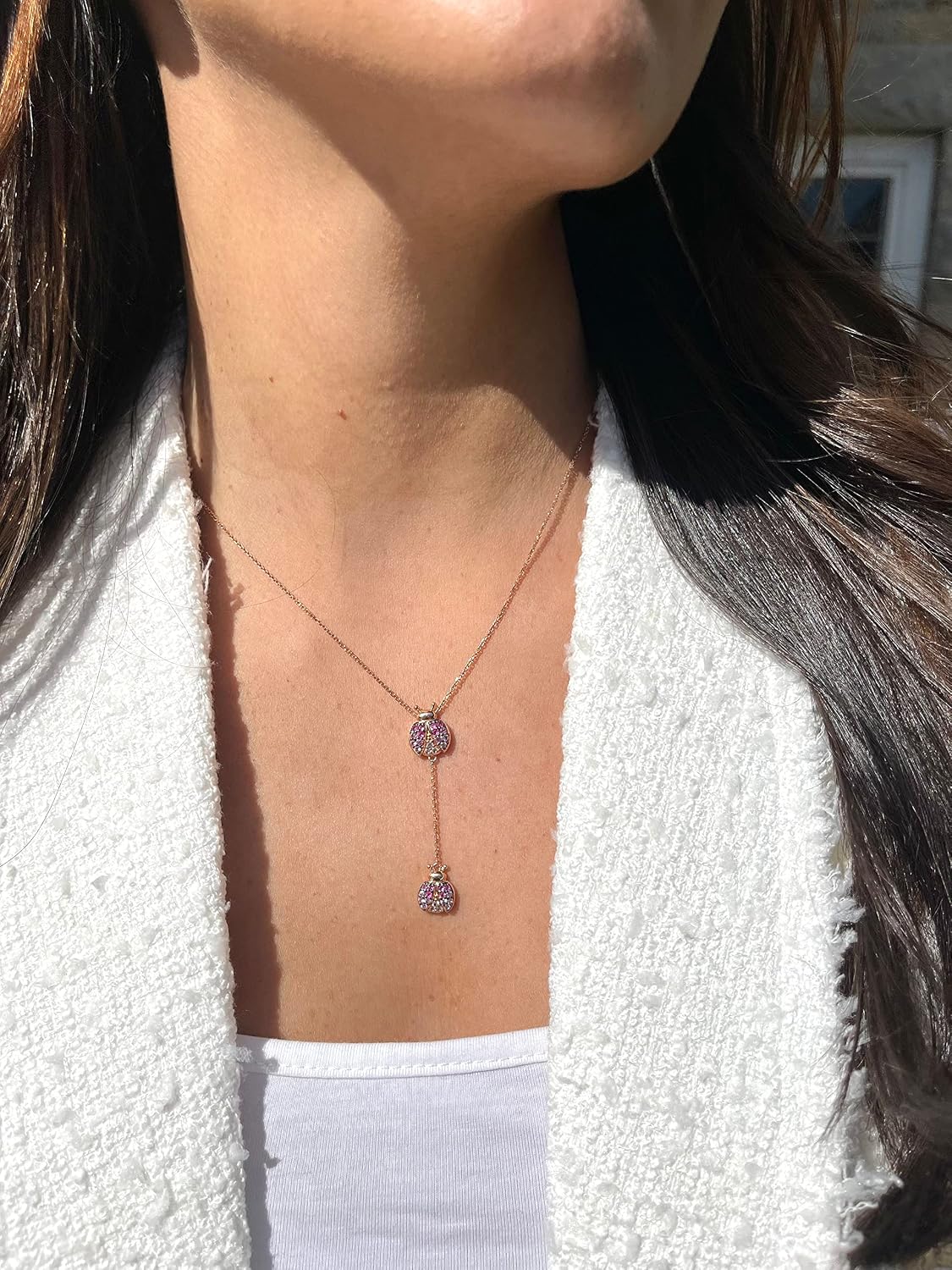 LE VIAN 3/4 Carat Ruby and Sapphire Ladybugs Pendant Necklace for Women In 14K Rose Gold 20 Inches Long With Lobster Claw Clasp
