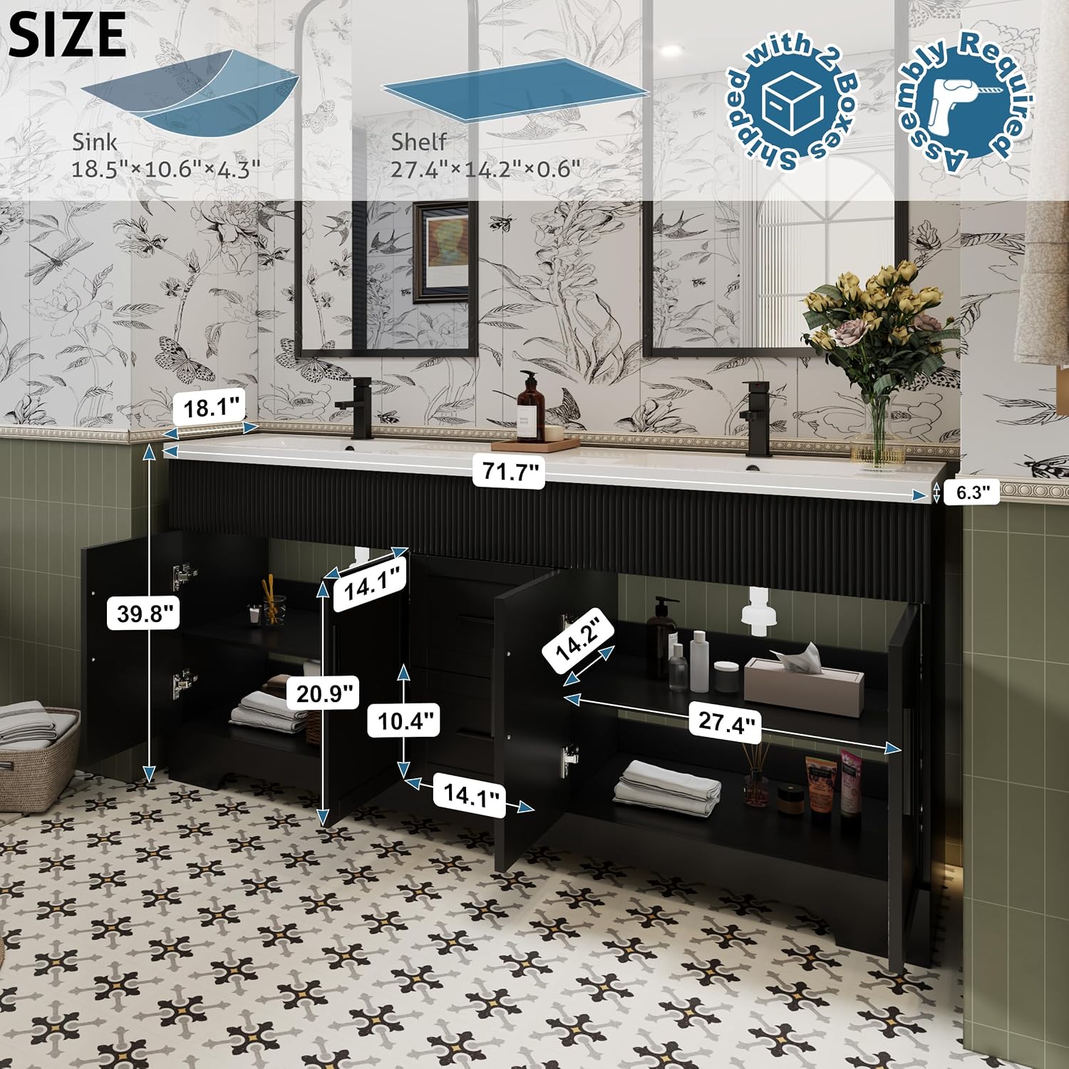 eclife 72' Bathroom Vanities Sink Combo with Painted Surface, Modern Drawered Cabinet W/Decorative Wave Lines, Undermount Double White Sink, Matte Black Faucet Drain, Black
