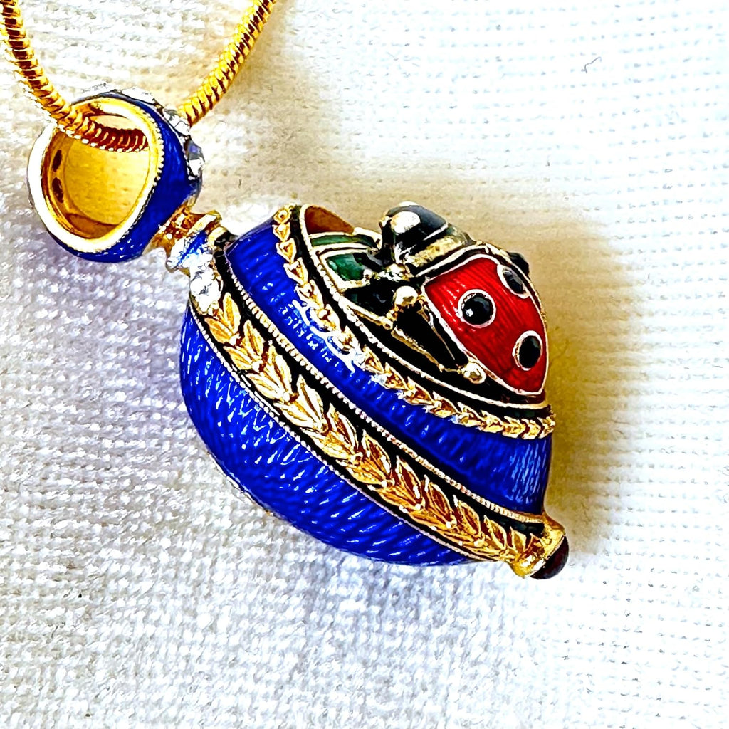 Ladybug Necklace Good Luck Guilloché Blue Enamel Egg Pendant Sterling Silver Crystals Genuine Garnet Gold Plate 24 inch Chain