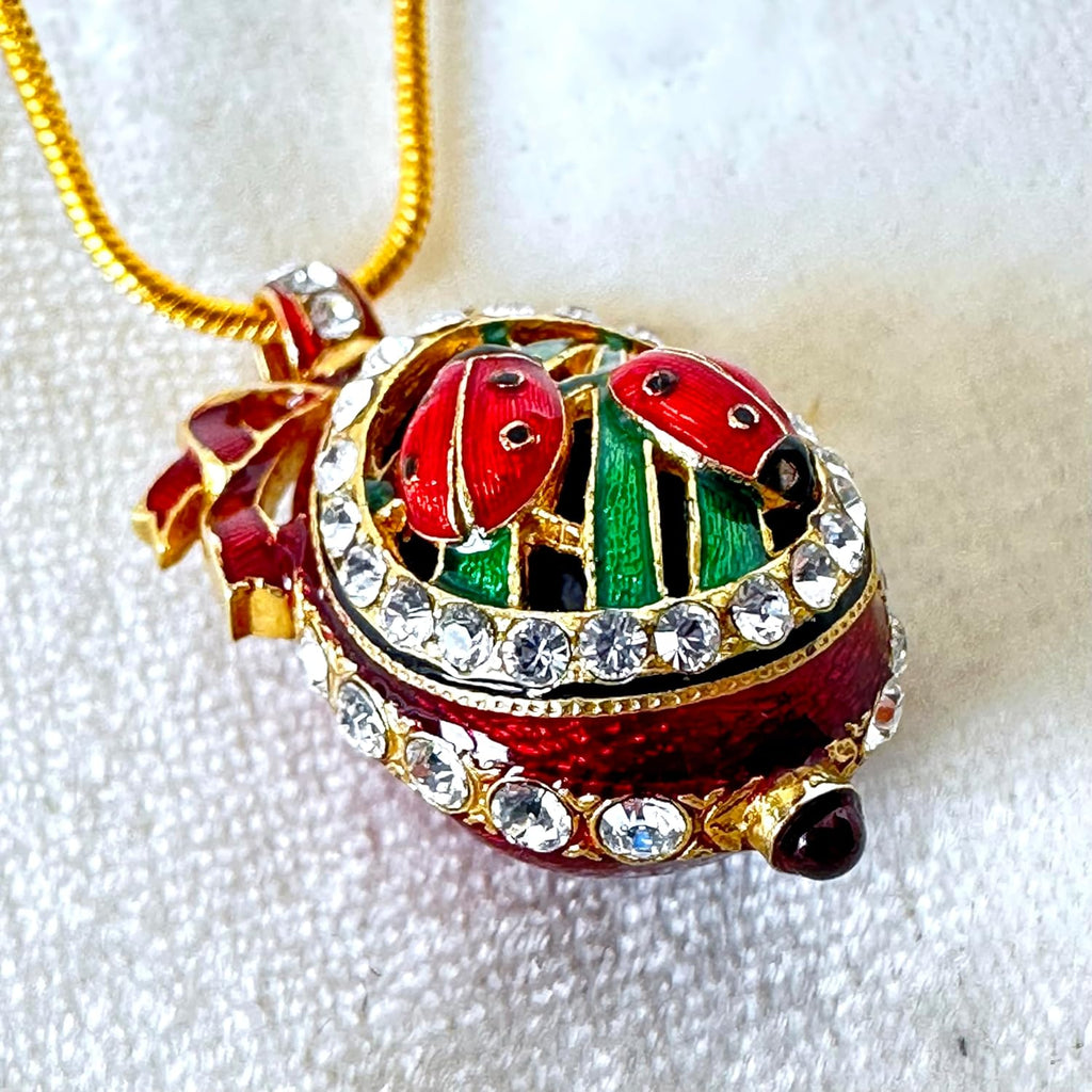 Ladybugs Red Guilloché Enamel Sterling Silver Necklace Pendant Genuine Garnet Crystals 24k Gold Plate Chain