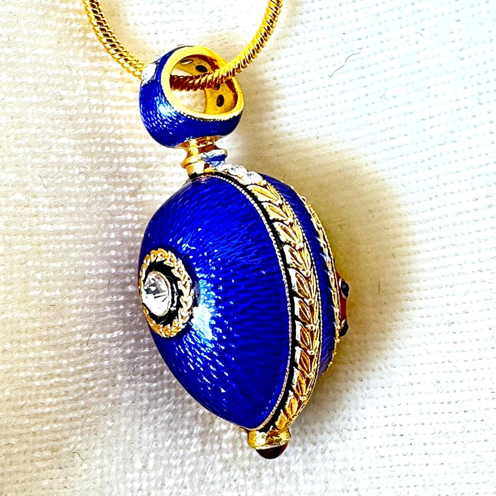 Ladybug Necklace Good Luck Guilloché Blue Enamel Egg Pendant Sterling Silver Crystals Genuine Garnet Gold Plate 24 inch Chain