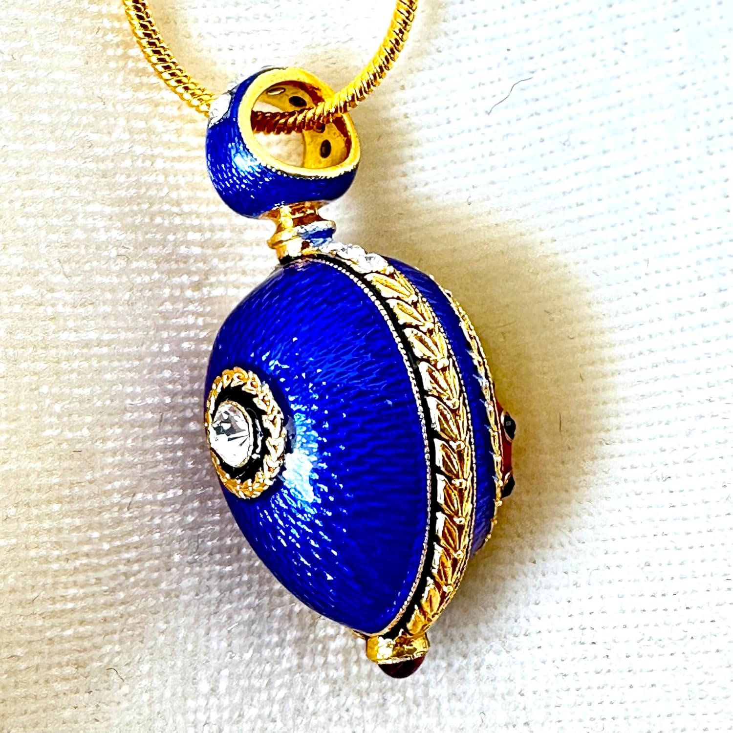 Ladybug Necklace Good Luck Guilloché Blue Enamel Egg Pendant Sterling Silver Crystals Genuine Garnet Gold Plate 24 inch Chain