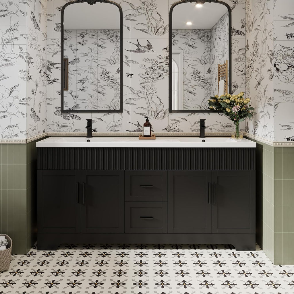 eclife 72' Bathroom Vanities Sink Combo with Painted Surface, Modern Drawered Cabinet W/Decorative Wave Lines, Undermount Double White Sink, Matte Black Faucet Drain, Black