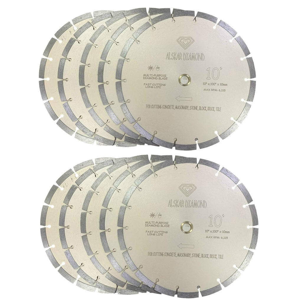 (10 Pack) ALSKAR DIAMOND 10 inch Dry or Wet Cutting General Purpose High Speed Segmented Diamond Saw Blades for Concrete Stone Brick Masonry (10' - 10 pcs)
