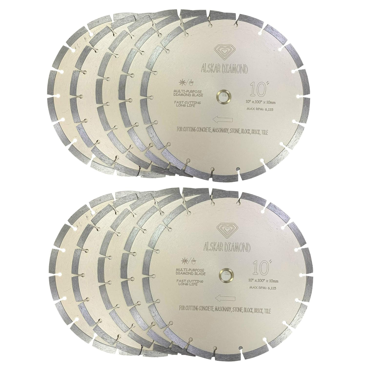 (10 Pack) ALSKAR DIAMOND 10 inch Dry or Wet Cutting General Purpose High Speed Segmented Diamond Saw Blades for Concrete Stone Brick Masonry (10' - 10 pcs)
