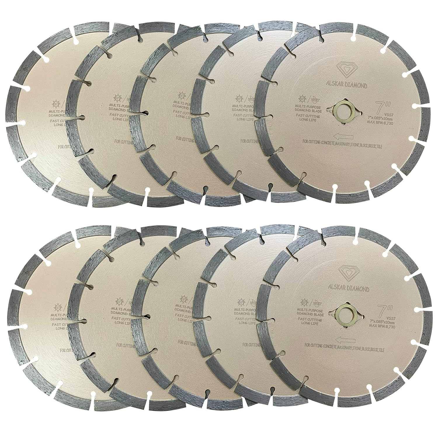 (10 Pack) ALSKAR DIAMOND 7 inch Dry or Wet Cutting General Purpose Segmented High Speed Diamond Saw Blades for Concrete Stone Brick Masonry (7' - 10 pcs)