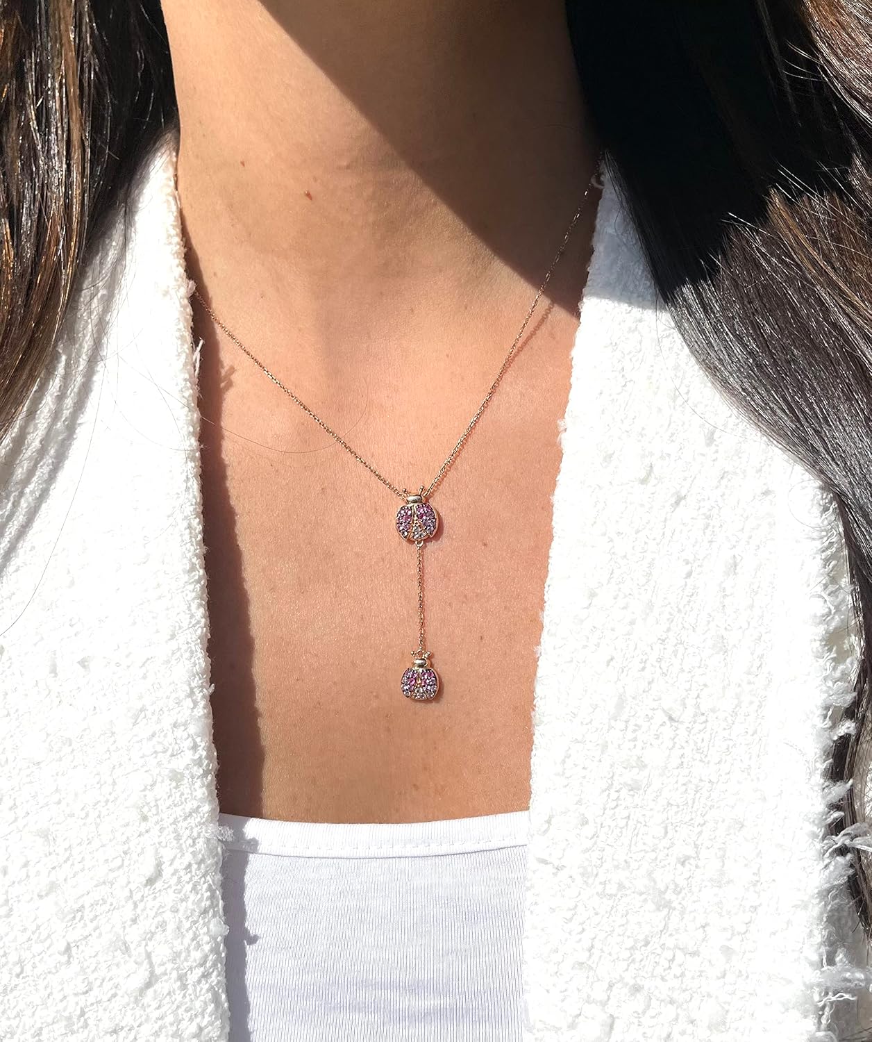 LE VIAN 3/4 Carat Ruby and Sapphire Ladybugs Pendant Necklace for Women In 14K Rose Gold 20 Inches Long With Lobster Claw Clasp