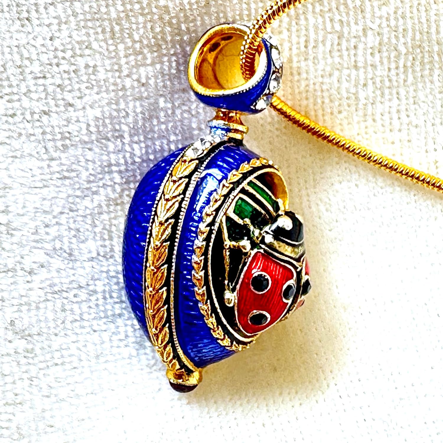 Ladybug Necklace Good Luck Guilloché Blue Enamel Egg Pendant Sterling Silver Crystals Genuine Garnet Gold Plate 24 inch Chain