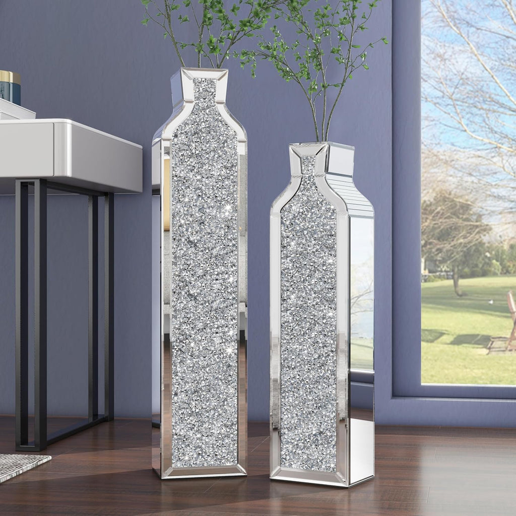 SHYFOY Floor Vase Crushed Diamond Mirrored Vase - Silver Floor Standing Vases Set of 2-24' & 30' Large Crystal Tall Vases for Living Room Dining Bedroom Home Corner Hallway Indoor Office Floor