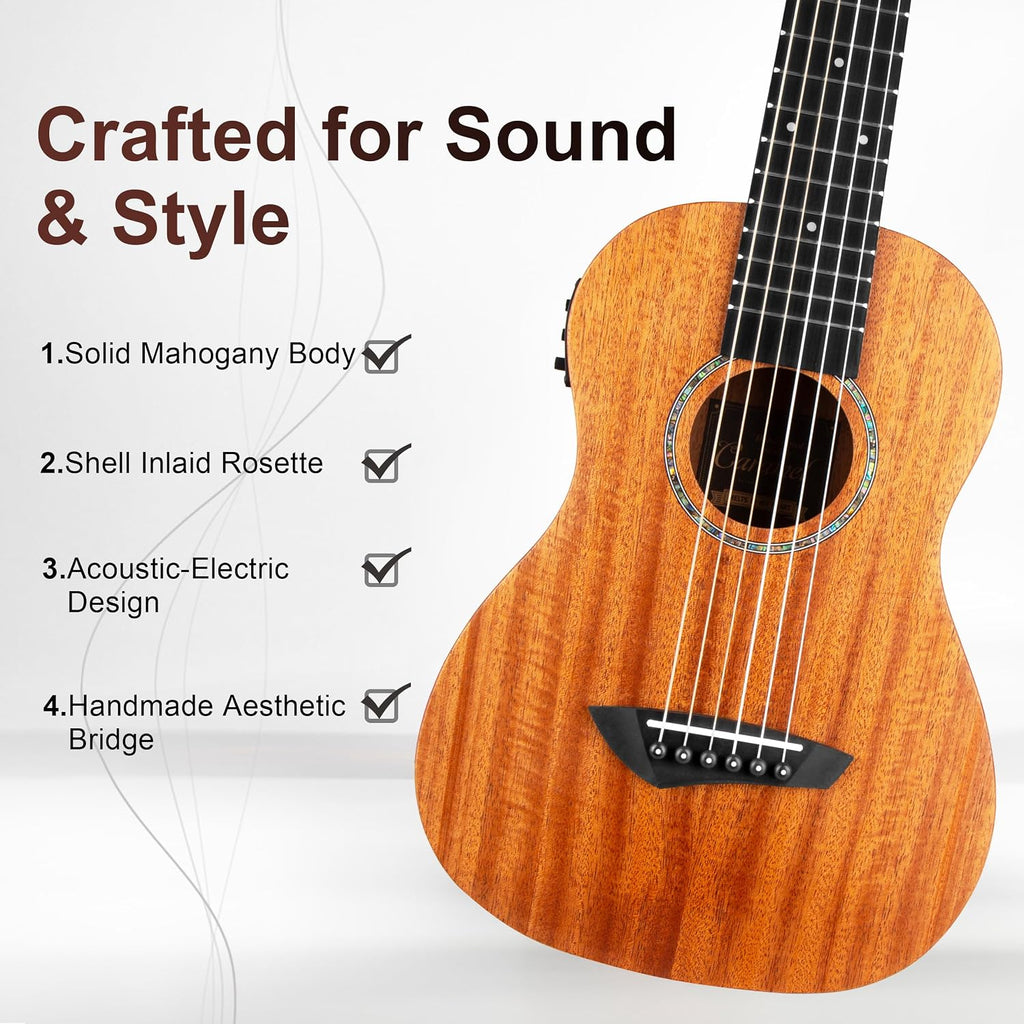 Caramel 30 inch All Solid Mahogany 6 String Ukulele Guitalele Wooden LCD color display Electric Guitalele Kit Small Hawaiian Beginner Guitar Starter Pack Bundle Gig bag, Strap,Strings Set