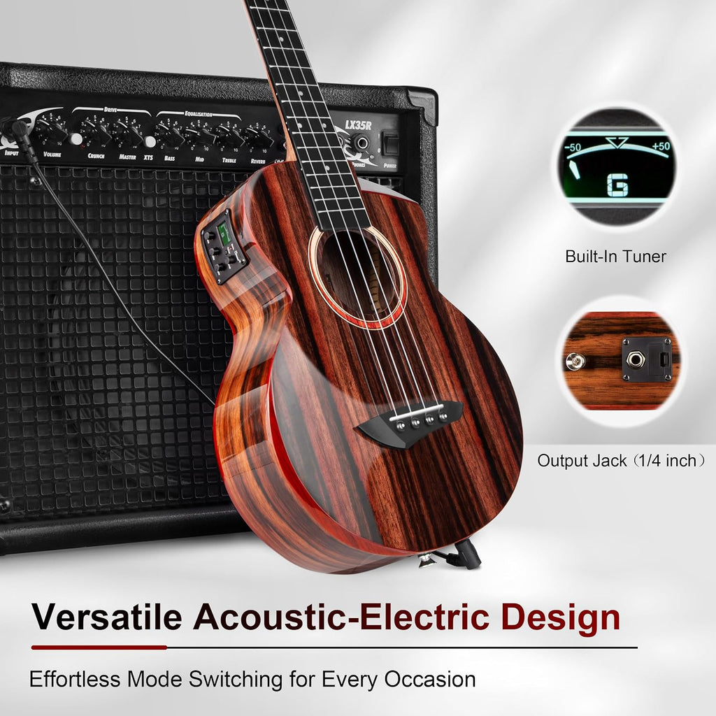 Caramel TEG91 Cutaway Ebony Glossy Tenor Acoustic & Electric Ukulele with Armrest | 26-inch Handmade Professional Ukelele Kit with Accessories