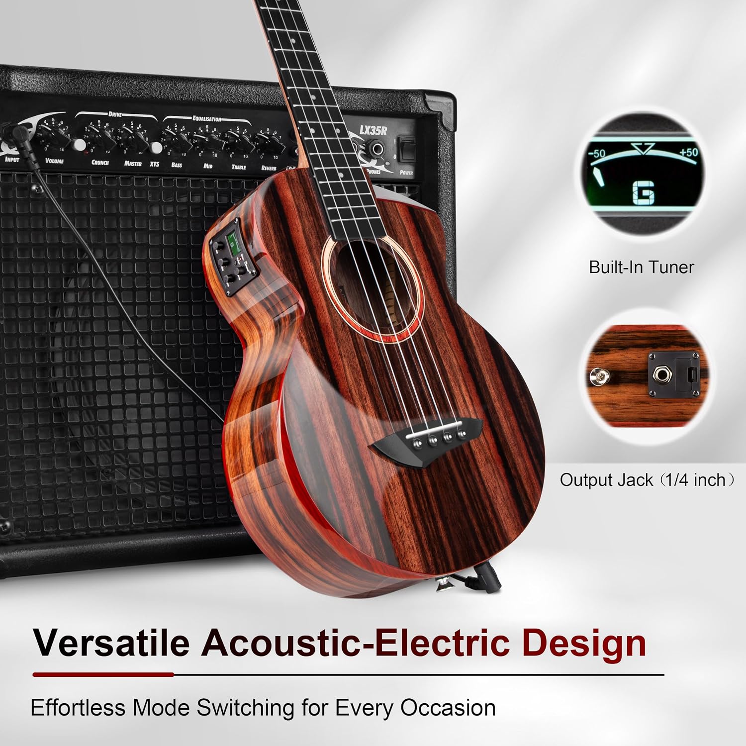 Caramel TEG91 Cutaway Ebony Glossy Tenor Acoustic & Electric Ukulele with Armrest | 26-inch Handmade Professional Ukelele Kit with Accessories