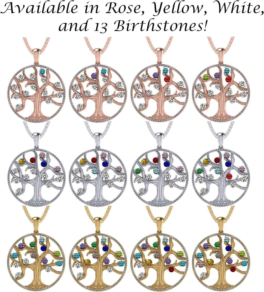 Central Diamond Center Tree of Life Mothers Birthstone Necklace in Silver-10K or 14K Gold. Up to 12stones