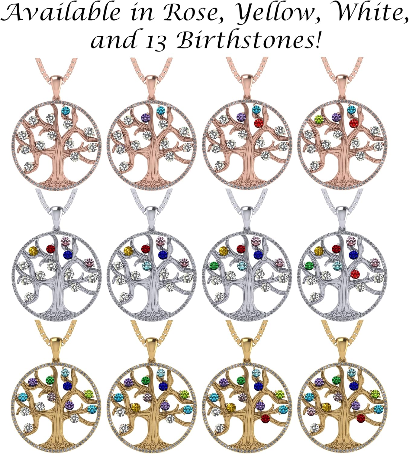 Central Diamond Center Tree of Life Mothers Birthstone Necklace in Silver-10K or 14K Gold. Up to 12stones