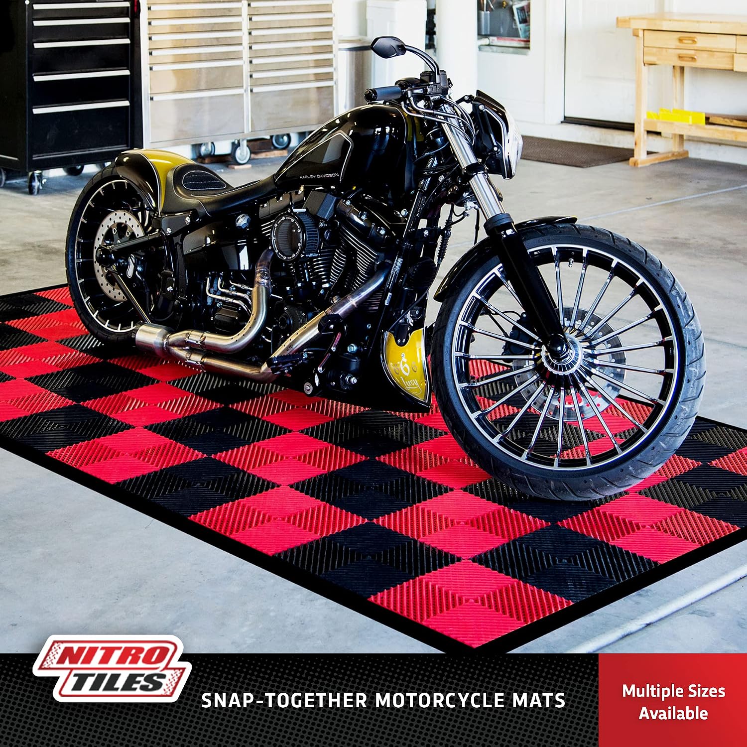 IncStores ⅜ Inch Thick Nitro Interlocking Garage Floor Tiles | Plastic Floor Tile Set for Parking, Protecting, and Displaying Motorcycles | 12'x12' Tiles, Coin, Black/Graphite