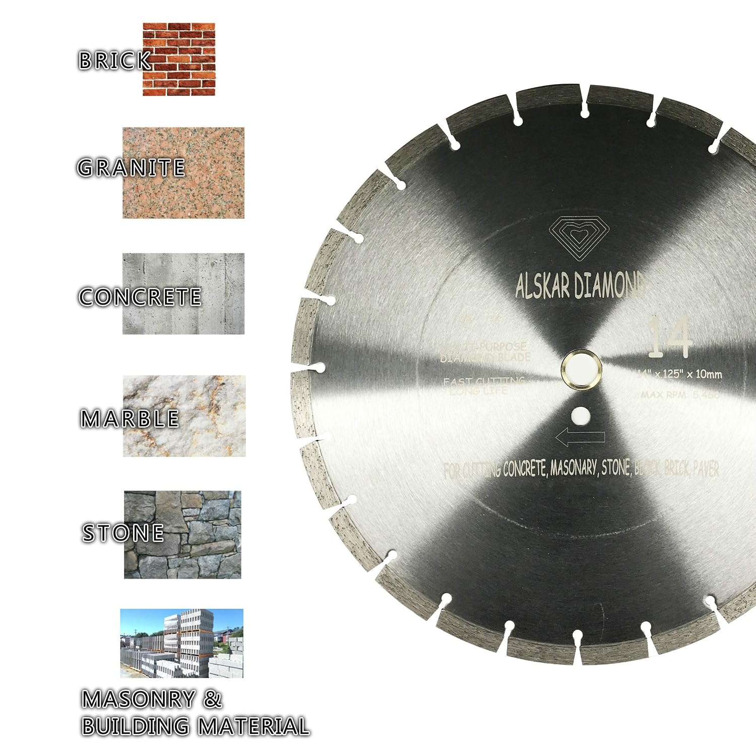 (10 Pack) ALSKAR DIAMOND ADLSS 14 inch Dry or Wet Cutting General Purpose Segmented High Speed Diamond Saw Blades for Concrete Stone Brick Masonry (14' - 10 pcs)