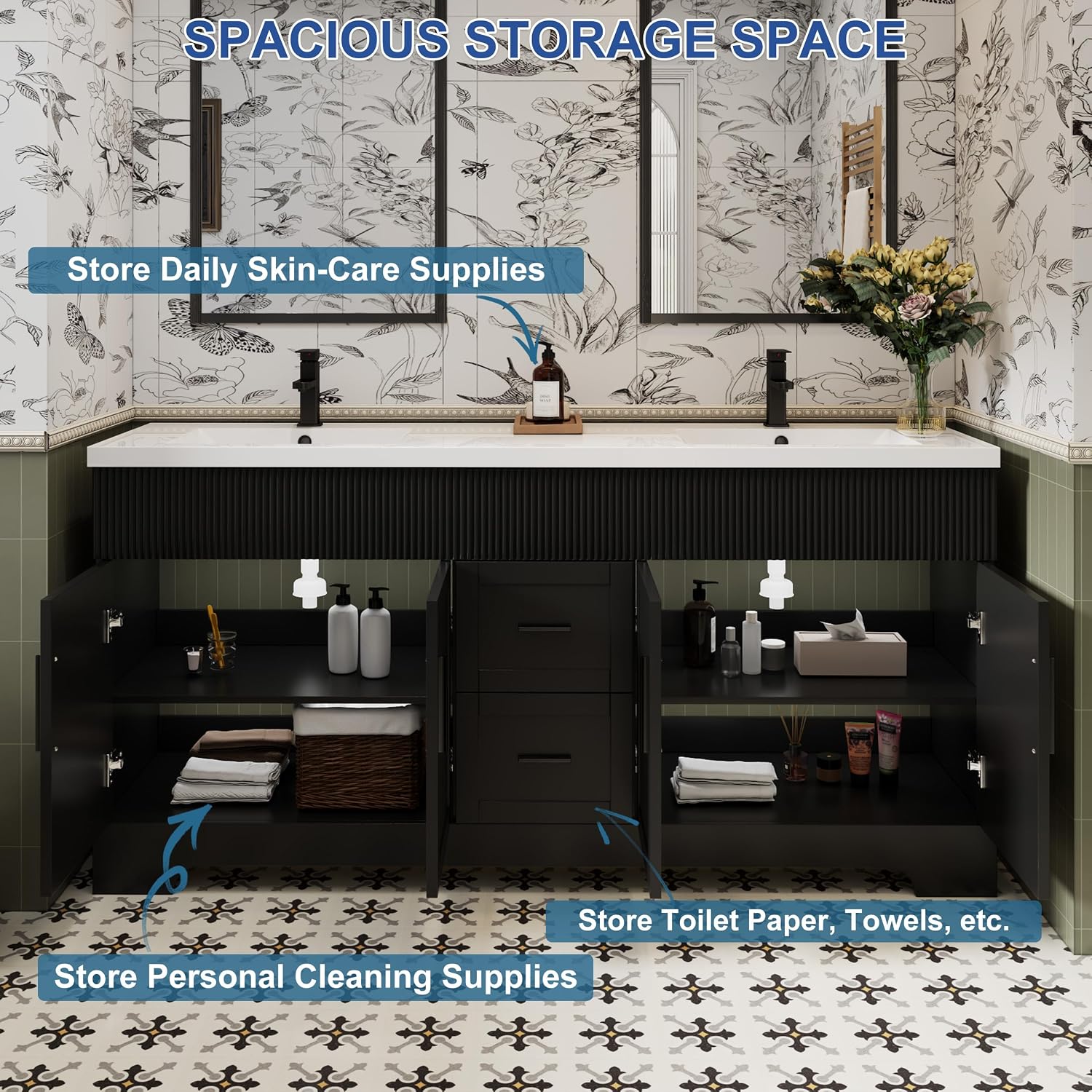 eclife 72' Bathroom Vanities Sink Combo with Painted Surface, Modern Drawered Cabinet W/Decorative Wave Lines, Undermount Double White Sink, Matte Black Faucet Drain, Black