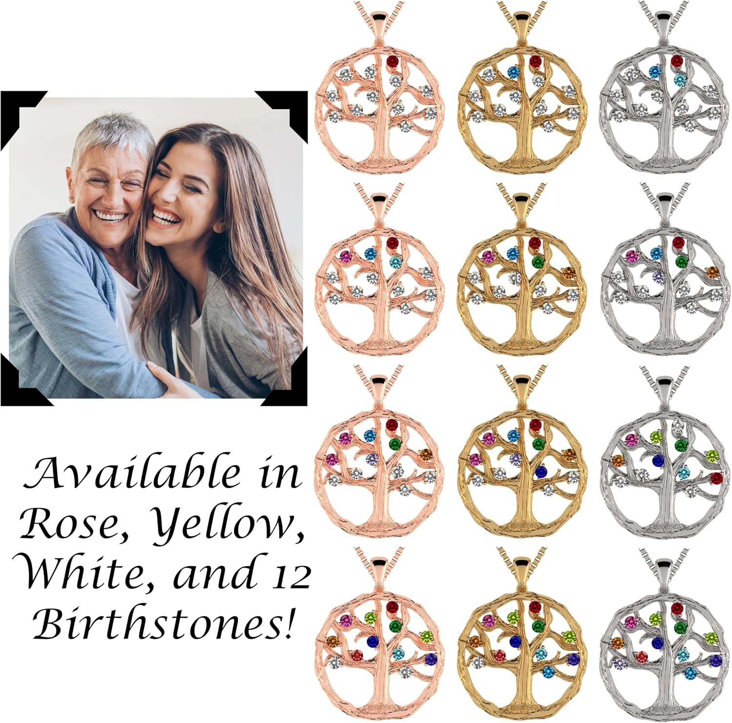 Central Diamond Center Tree of Life Mothers Birthstone Necklace in Silver-10K or 14K Gold. Up to 12stones