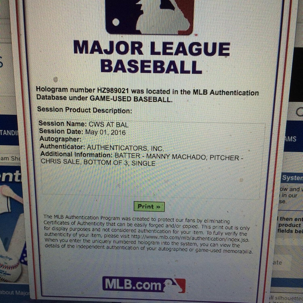 Manny Machado Signed Hit Single Vs Chris Sale -mvp Vs Cy? Game Used Jsa Auth 1/1 - MLB Autographed Game Used Baseballs