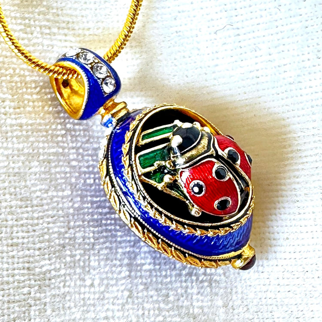 Ladybug Necklace Good Luck Guilloché Blue Enamel Egg Pendant Sterling Silver Crystals Genuine Garnet Gold Plate 24 inch Chain