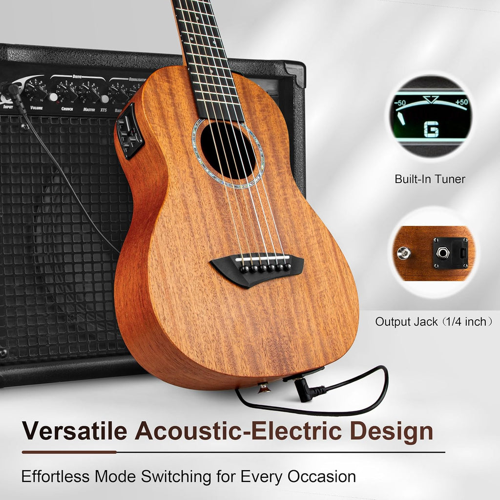 Caramel 30 inch All Solid Mahogany 6 String Ukulele Guitalele Wooden LCD color display Electric Guitalele Kit Small Hawaiian Beginner Guitar Starter Pack Bundle Gig bag, Strap,Strings Set