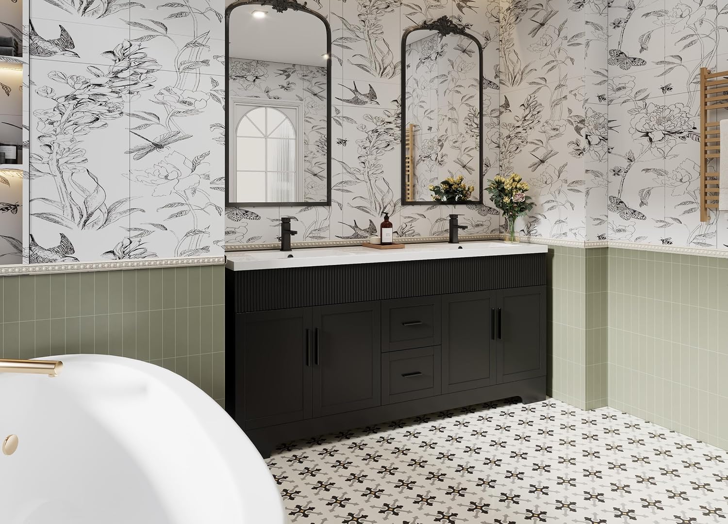 eclife 72' Bathroom Vanities Sink Combo with Painted Surface, Modern Drawered Cabinet W/Decorative Wave Lines, Undermount Double White Sink, Matte Black Faucet Drain, Black