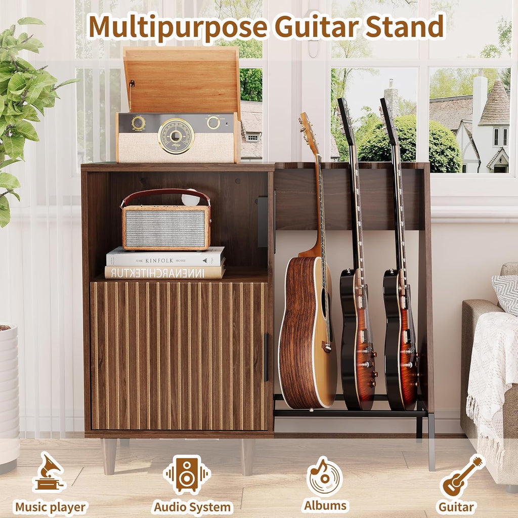 Guitar Stand with Vinyl Record Storage, Record Player Stand with Multiple Guitars Holder, Built-in Power Outlet, Guitar Amp Stand for Acoustic, Electric Guitar, Bass, Speaker, Amp