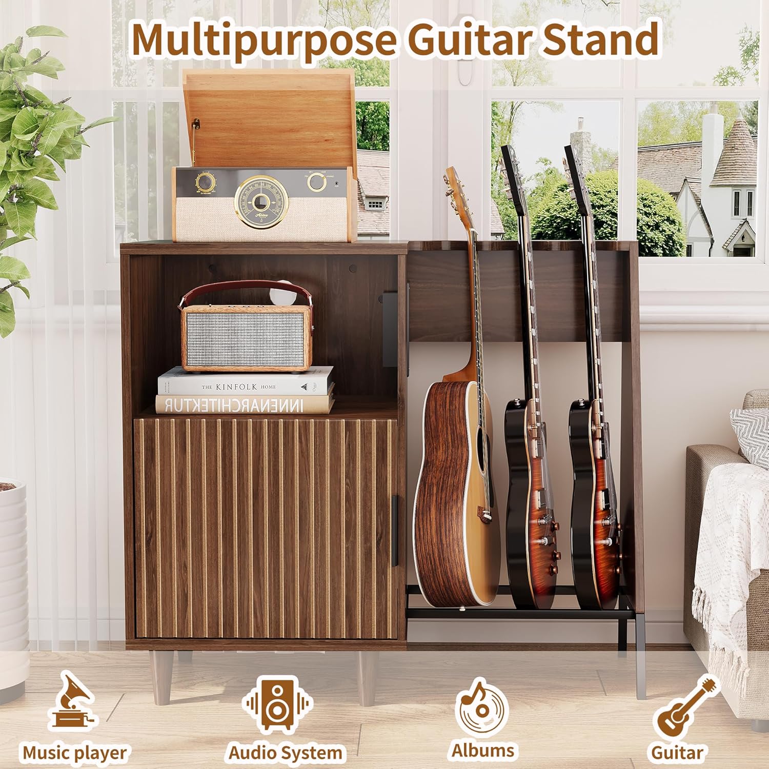 Guitar Stand with Vinyl Record Storage, Record Player Stand with Multiple Guitars Holder, Built-in Power Outlet, Guitar Amp Stand for Acoustic, Electric Guitar, Bass, Speaker, Amp