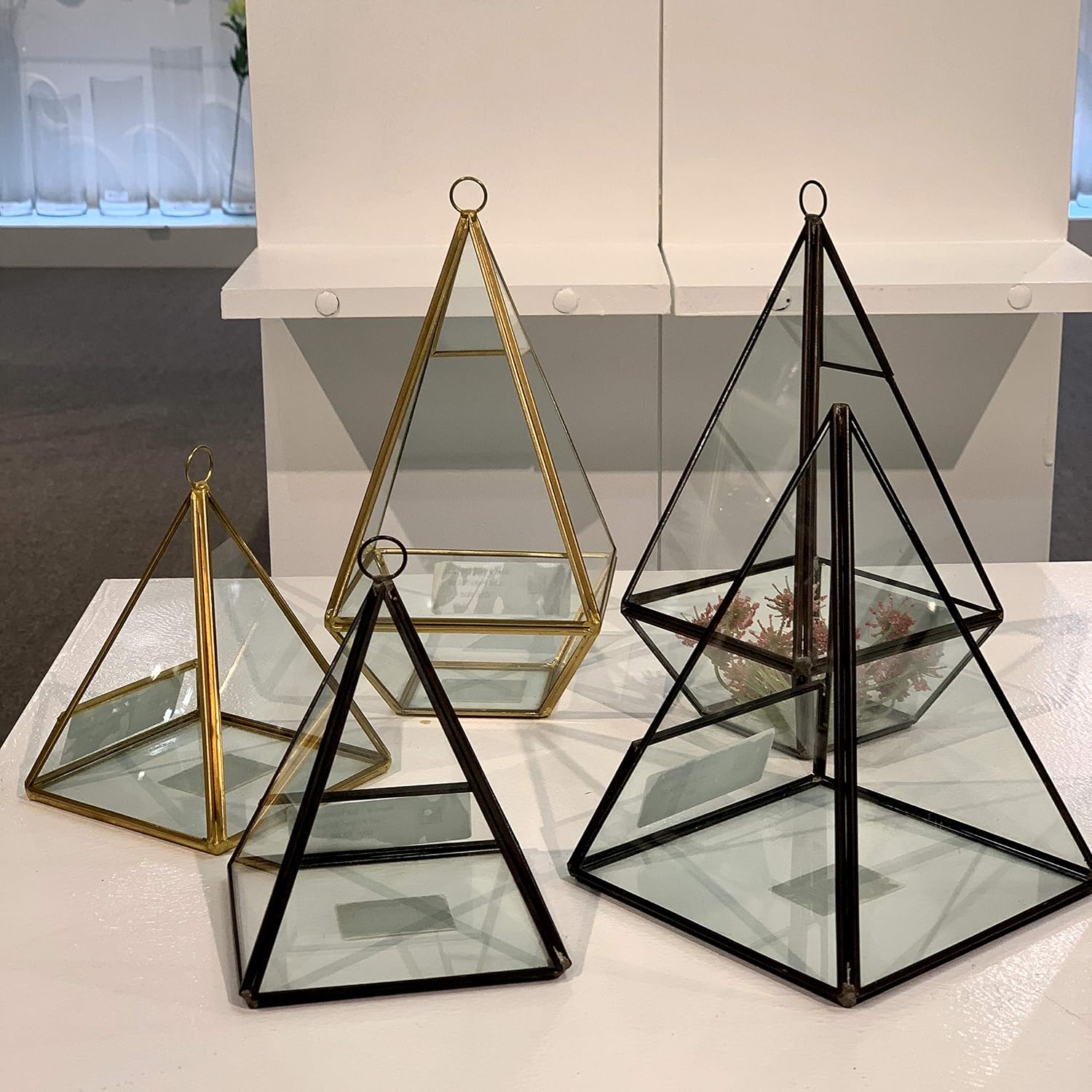 WGV Hanging Geometric Planter Terrarium Bulk Width 5' Height 9.5' Clear Glass Black Frame DIY Succulent air Plant Miniature Fairy Garden Windowsill Decor Raised Tall Pyramid 9 Pieces
