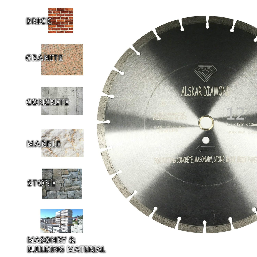 (10 Pack) ALSKAR DIAMOND ADLSS 12 inch Dry or Wet Cutting General Purpose Segmented High Speed Diamond Saw Blades for Concrete Stone Brick Masonry with Arbor 1'-20mm (12' - 10 pcs)