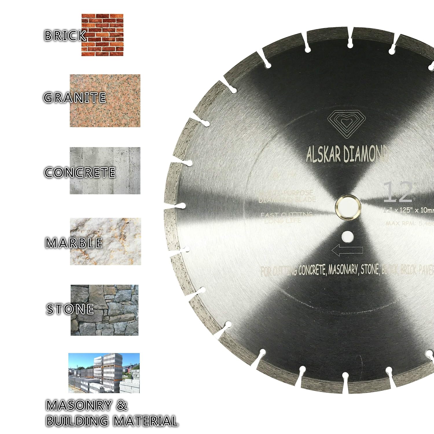(10 Pack) ALSKAR DIAMOND ADLSS 12 inch Dry or Wet Cutting General Purpose Segmented High Speed Diamond Saw Blades for Concrete Stone Brick Masonry with Arbor 1'-20mm (12' - 10 pcs)