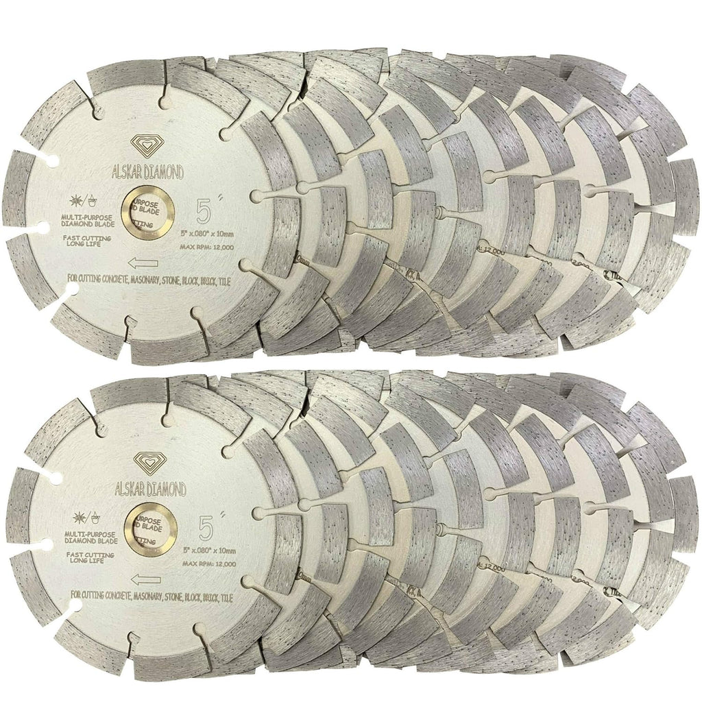 (20 Pack) ALSKAR DIAMOND 5 inch Dry or Wet Cutting General Purpose Power Saw Segmented Diamond Blades for Concrete Stone Brick Masonry (5' - 20 pcs)