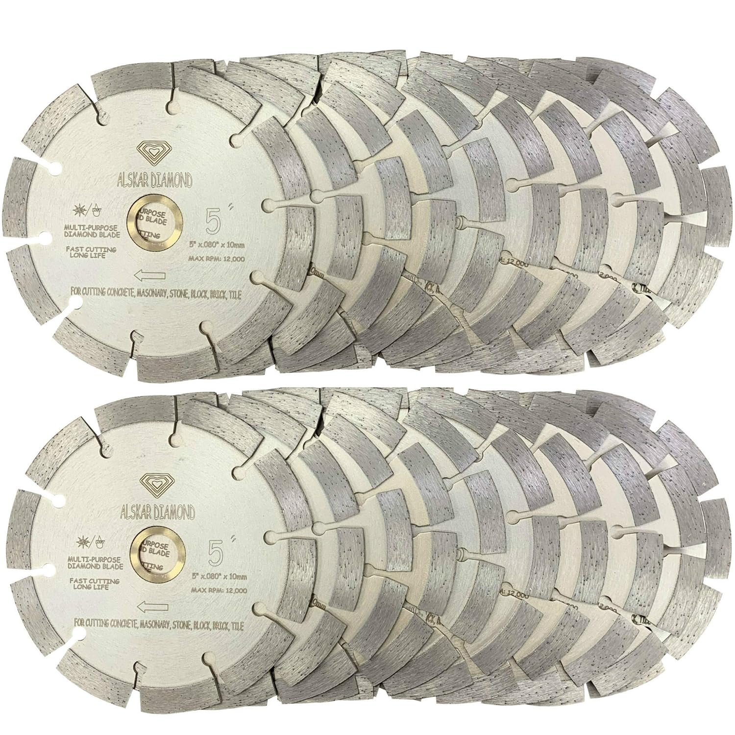 (20 Pack) ALSKAR DIAMOND 5 inch Dry or Wet Cutting General Purpose Power Saw Segmented Diamond Blades for Concrete Stone Brick Masonry (5' - 20 pcs)