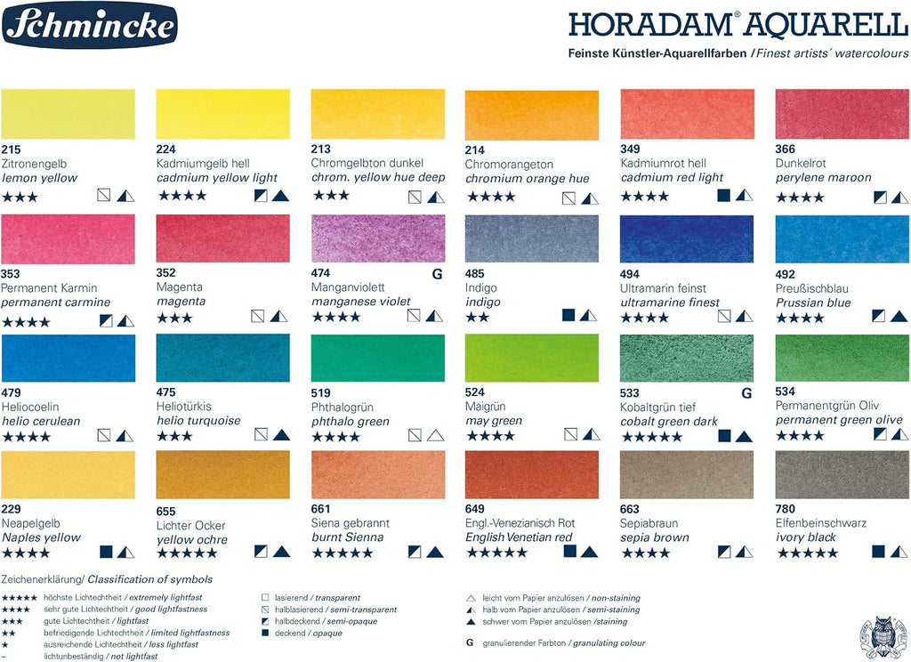 Schmincke - HORADAM AQUARELL color box with 24 finest watercolors, 74424097, black metal box, painting set, premium watercolors, 24 x 1/2 pans