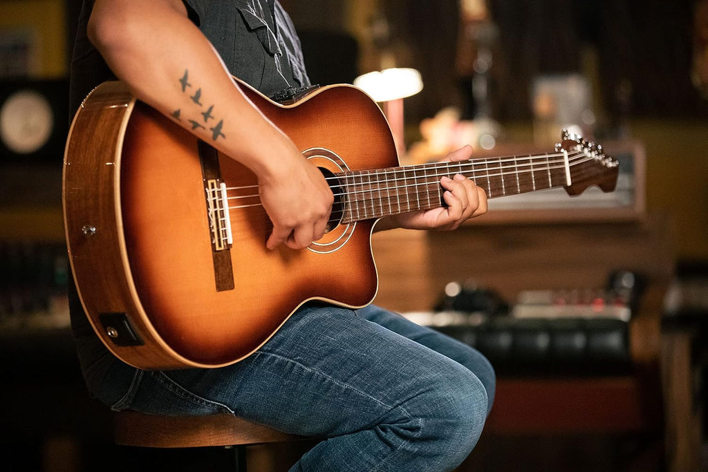 Ortega Guitars 6 String Performer Series Solid Top Slim Neck Reverse Acoustic-Electric Nylon Classical Guitar w/Bag, Right (RCE238SN-FT)