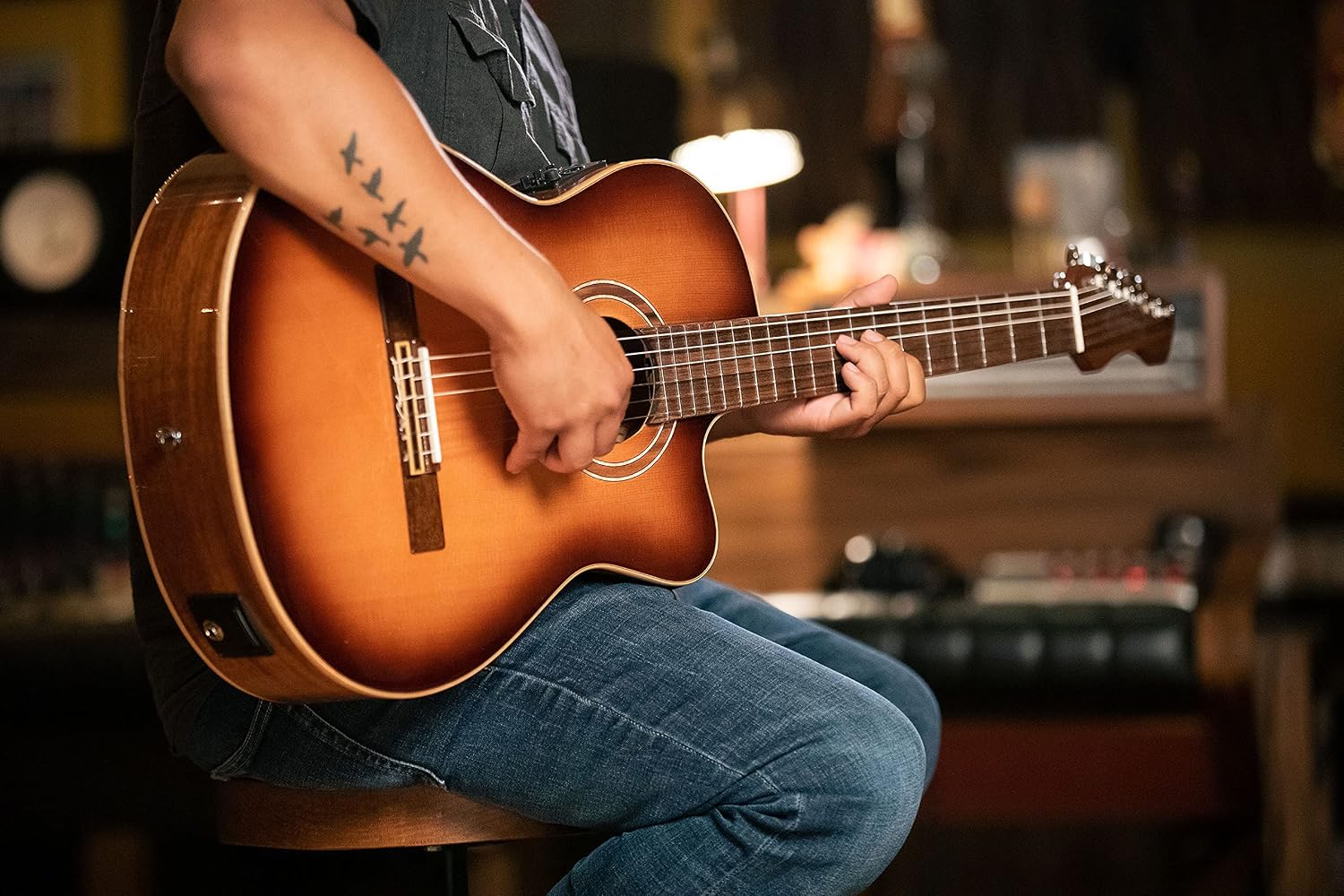 Ortega Guitars 6 String Performer Series Solid Top Slim Neck Reverse Acoustic-Electric Nylon Classical Guitar w/Bag, Right (RCE238SN-FT)
