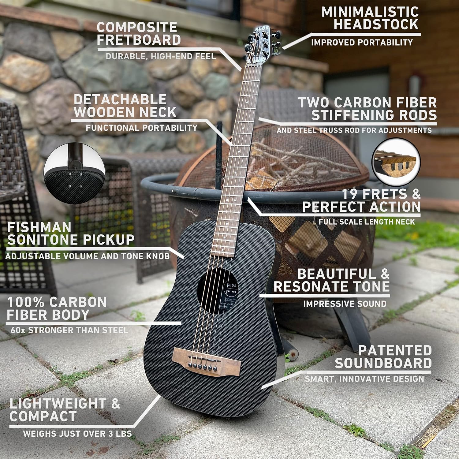 KLOS Travel Deluxe, Durable Carbon Fiber Acoustic Electric Guitar - Black with Gig Bag, Capo, and more