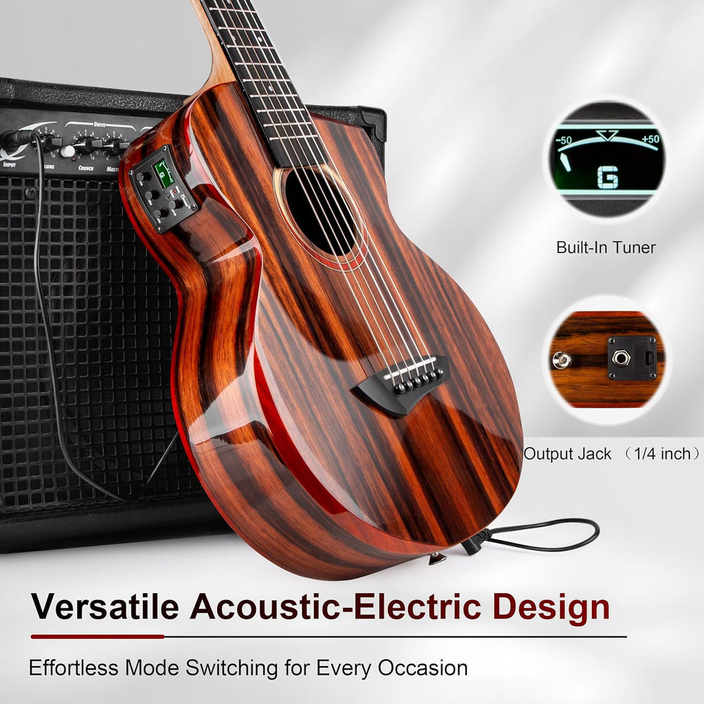 Caramel GEG91 Cutaway Ebony Glossy Guitalele | 30-inch Handmade Professional 6-String Acoustic & Electric Guitalele Kit with Accessories for Travel