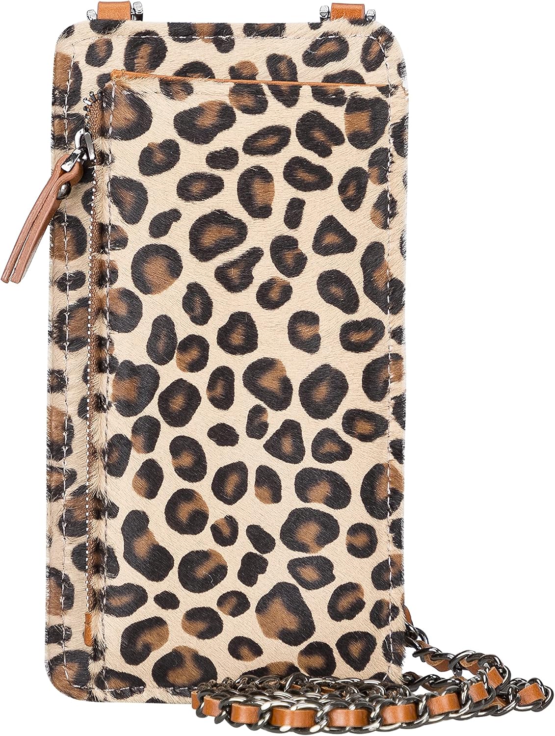 Crossbody Women Wallet fits iPhone 16 Pro MAX / 17 Pro MAX and All Mobile Devices up to 6.9' - Zippered Women Purse, Shoulder Bag with Card Holder, Pocket & Chain Strap, Trendy (Leopard)