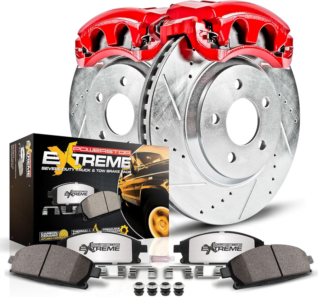 PowerStop Front Brake & Caliper Kit for Cadillac Escalade 2008-20 |Escalade ESV 2008-20 |Escalade EXT 2008-13 - Drilled & Slotted Disc Rotors + Z36 Brake Pads + Red-Powder Coated Calipers, KC2069-36