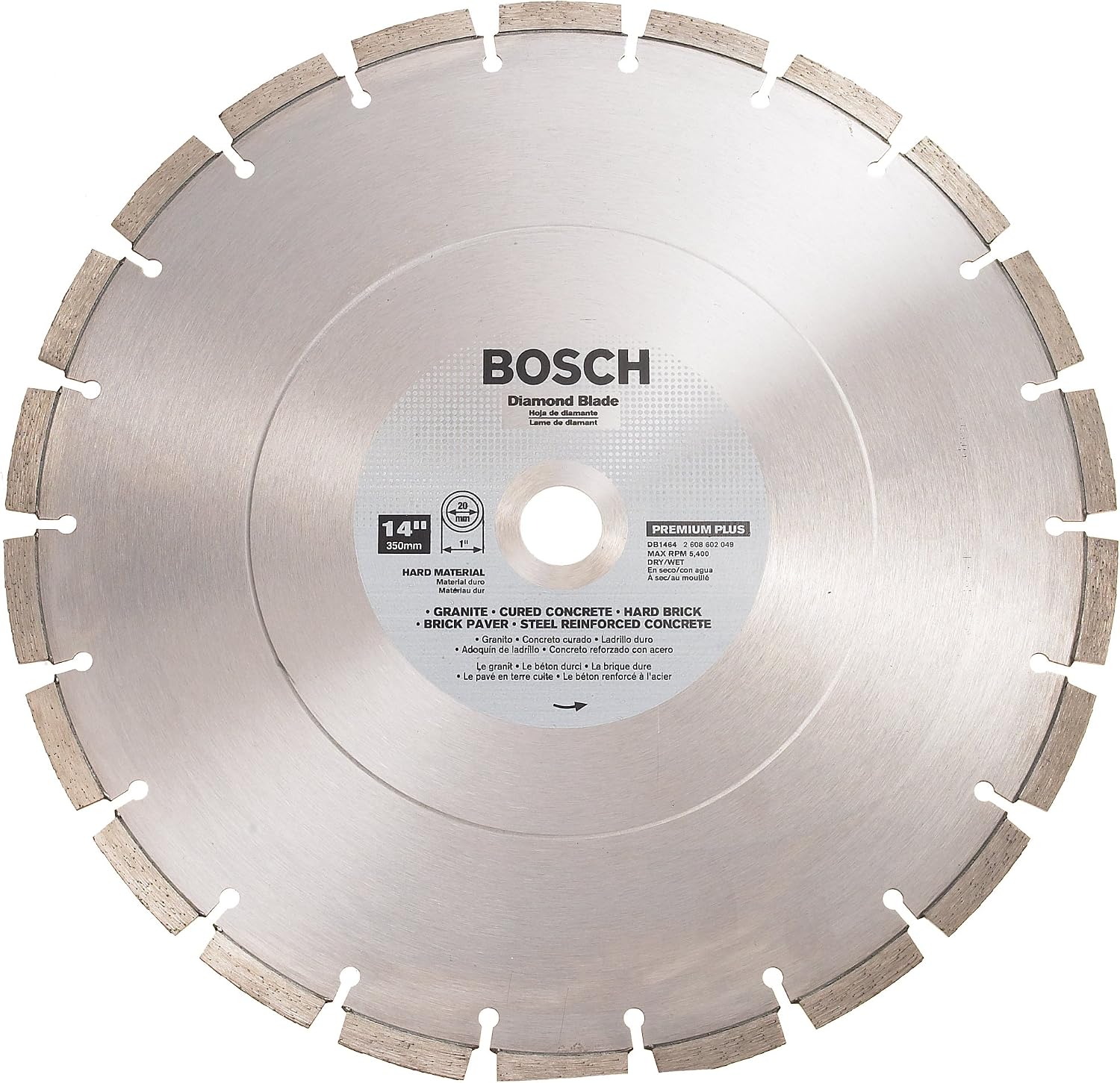 BOSCH DB1464 Premium Plus 14-Inch Dry or Wet Cutting Segmented Diamond Saw Blade with 1-Inch Arbor for Reinforced Concrete