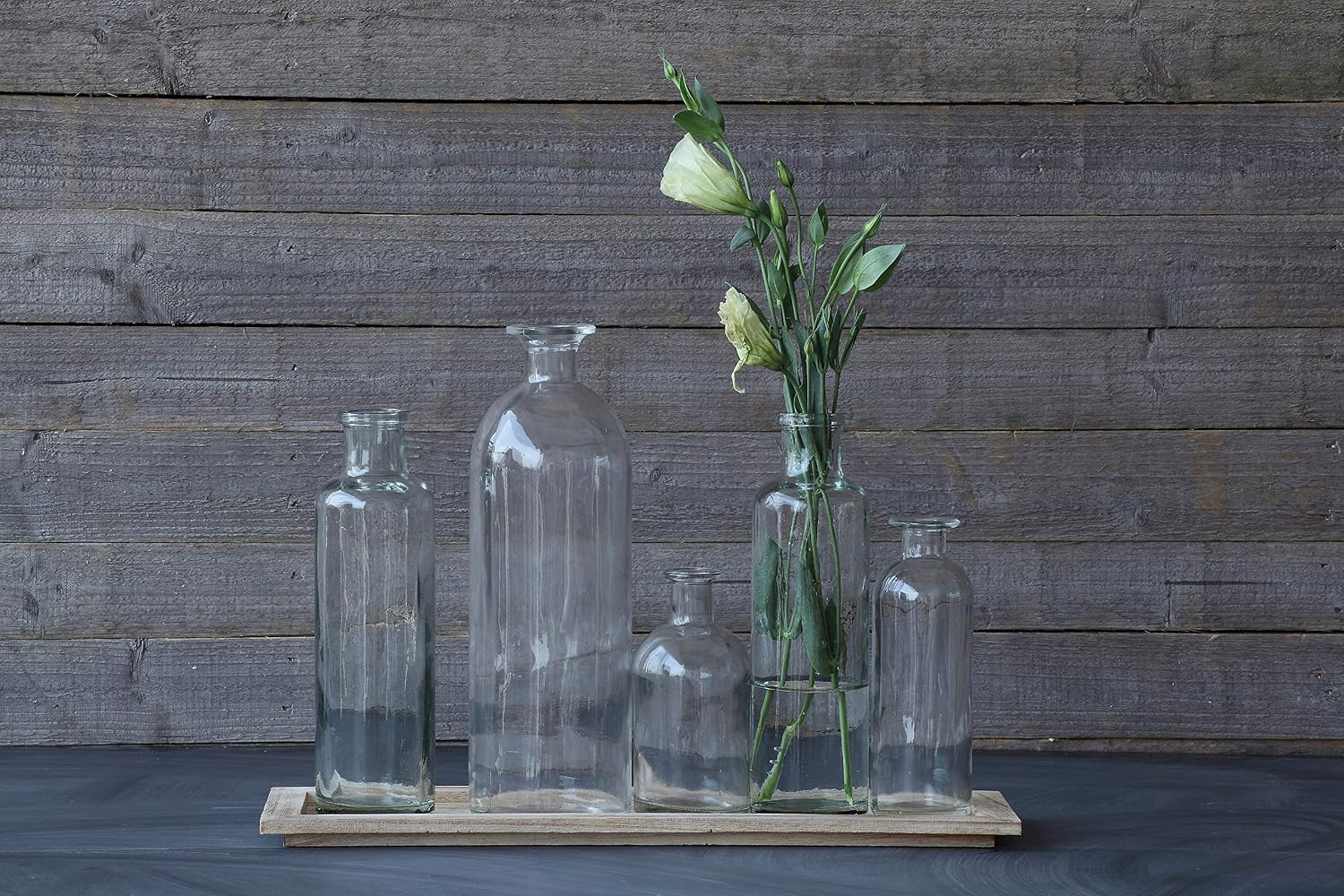 Creative Co-Op Set of 5 Vintage Bottle Vases on Wood Tray