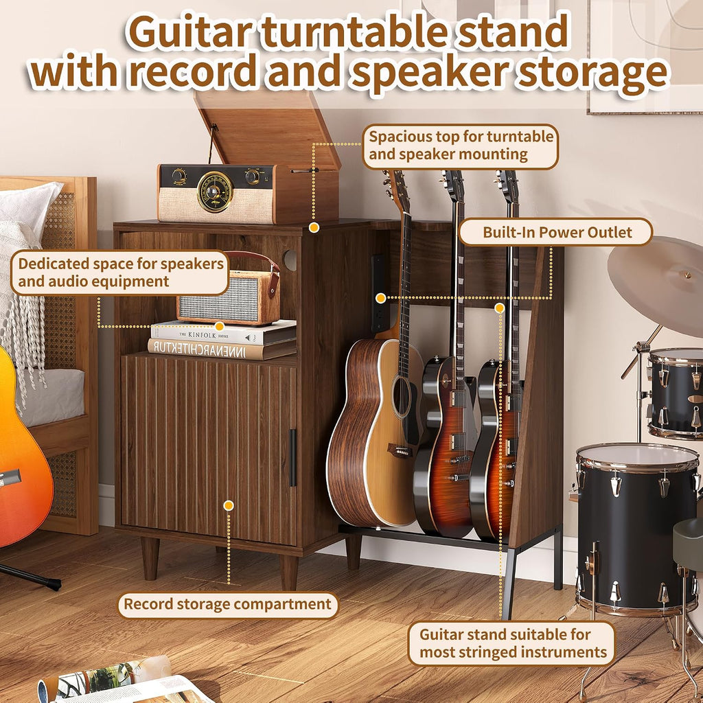 Guitar Stand with Vinyl Record Storage, Record Player Stand with Multiple Guitars Holder, Built-in Power Outlet, Guitar Amp Stand for Acoustic, Electric Guitar, Bass, Speaker, Amp