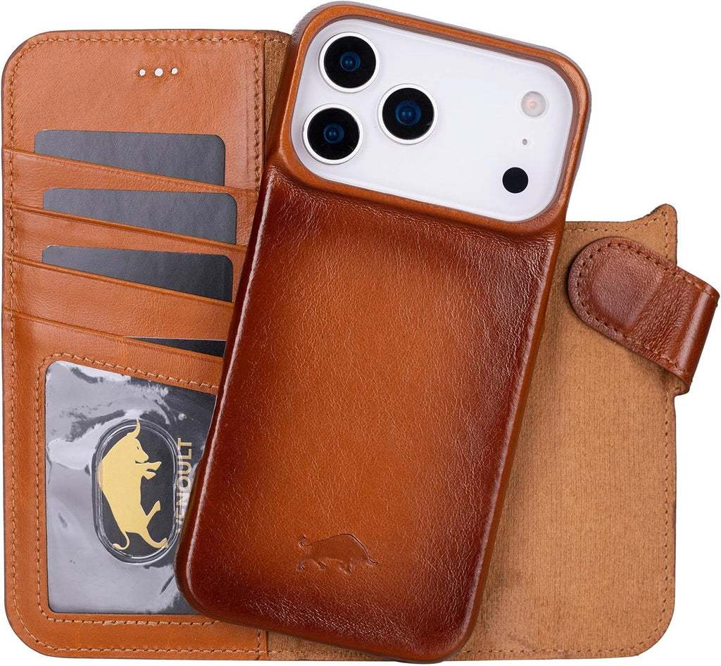 VENOULT Leather Wallet Case for iPhone 17 Pro Max, Full Grain Genuine Leather, Magnetic Detachable, 4 Card Holder, Buesiness Style, Compatible with MagSafe, RFID, Handmade (Chestnut Brown)