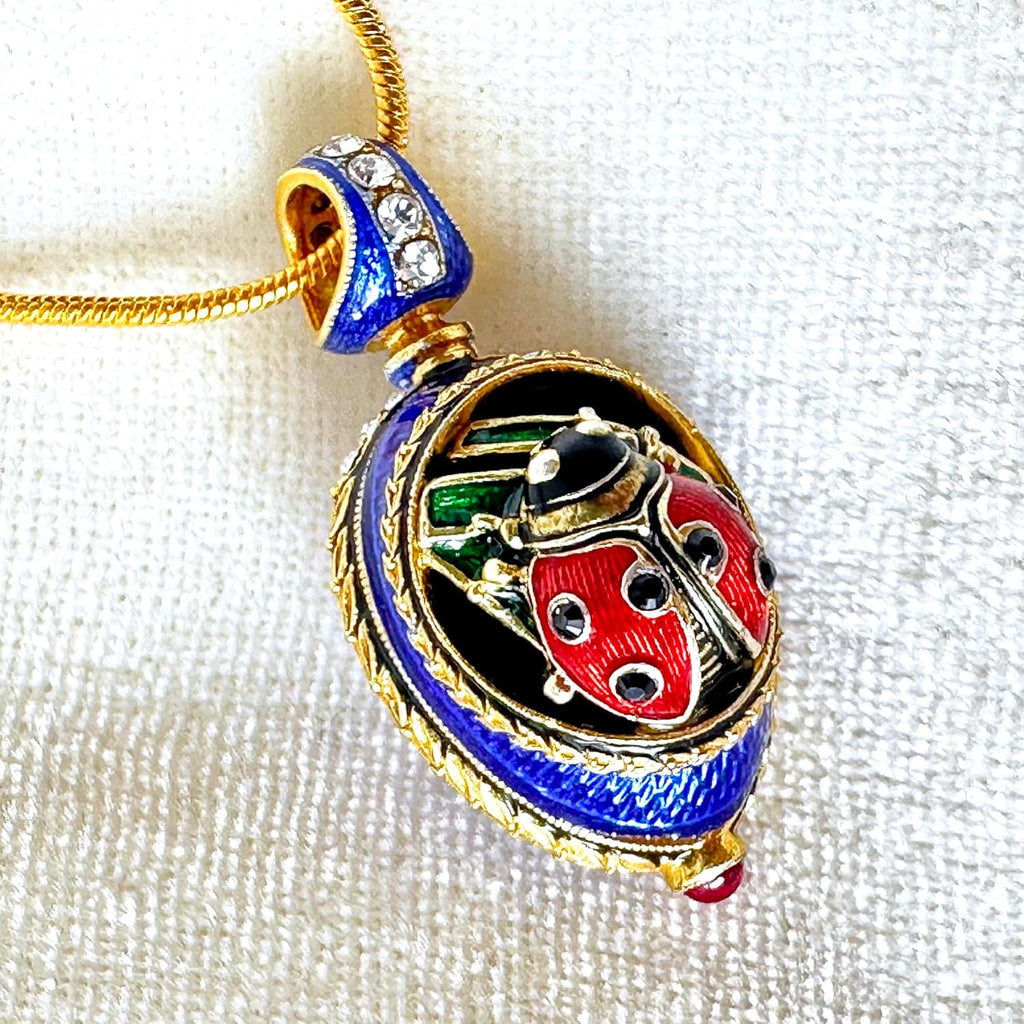 Ladybug Necklace Good Luck Guilloché Blue Enamel Egg Pendant Sterling Silver Crystals Genuine Garnet Gold Plate 24 inch Chain